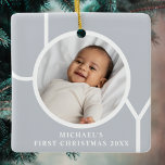 Elegant Baby Boy's First Christmas Photo Grey  Ceramic Ornament<br><div class="desc">This elegant Baby Boy's First Christmas Photo Ornament is decorated with the word JOY on a grey background.
Easily customisable with your photo,  name,  and year.</div>