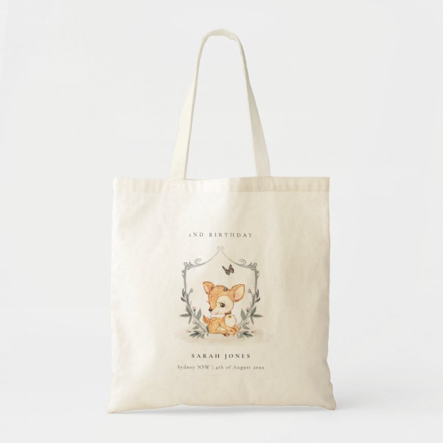Elegant Baby Deer Floral Crest Any Age Birthday Tote Bag (Front)