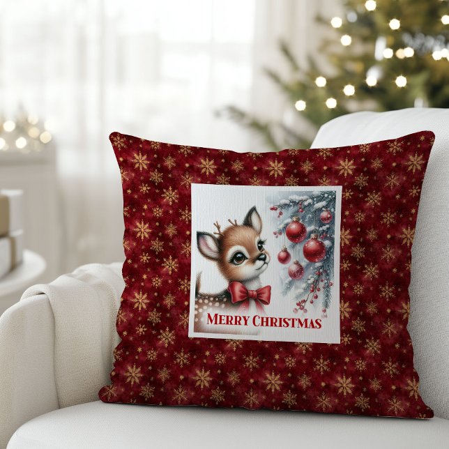 Elegant Baby Deer Snowy Forest Christmas Pillow   (Enchanting Fawn Christmas Pillow Gift for Kids Room Decor)