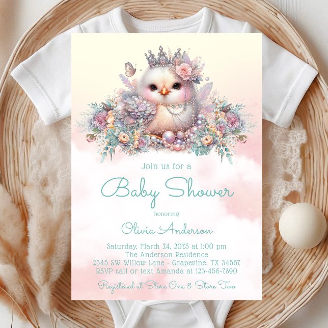Elegant Baby Girl Chick Baby Shower Invitation (Pastel fancy chick with pearls, flowers and butterflies on a pretty pastel background.)