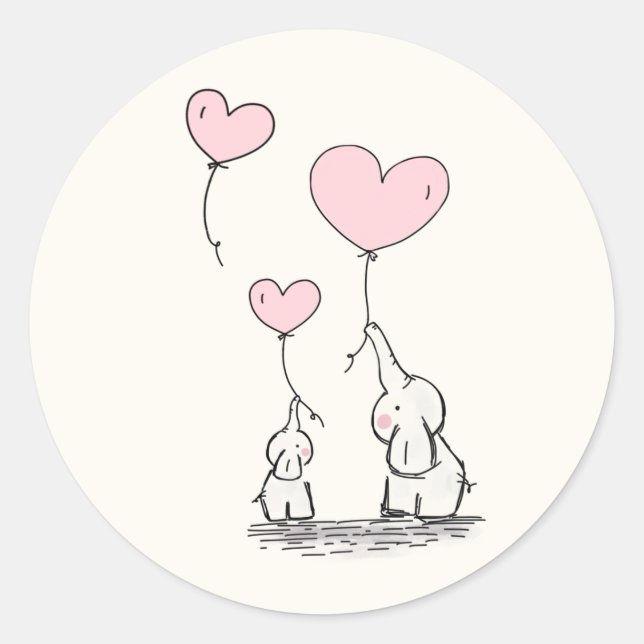 Elegant Baby Girl Elephants & Pink Heart Balloons Classic Round Sticker (Front)