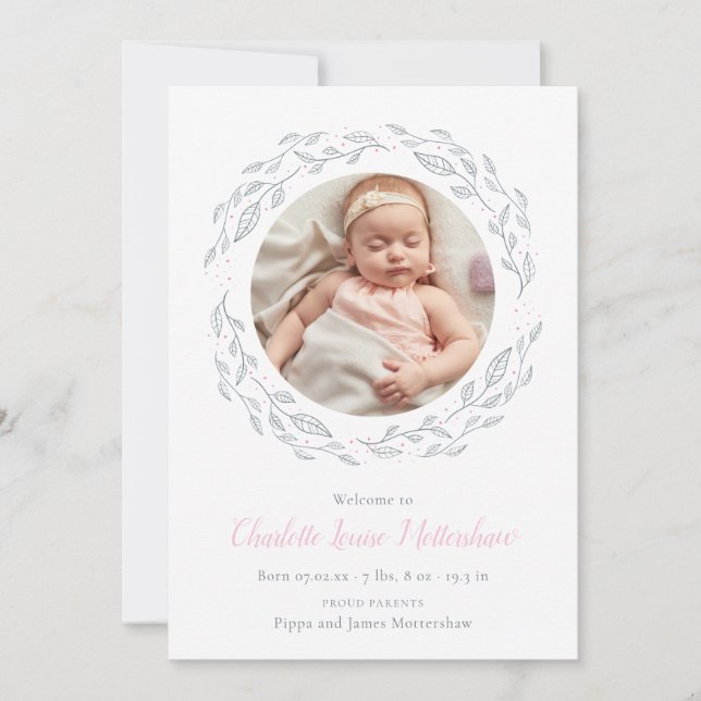 Elegant Baby Girl Photo Floral Garland Birth Announcement (Front)