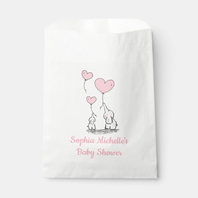 Elegant Baby Girl Pink Heart Balloons & Elephants Favour Bag (Front)