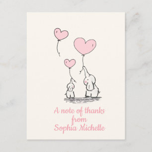 Elegant Baby Girl Pink Heart Balloons & Elephants Thank You Card