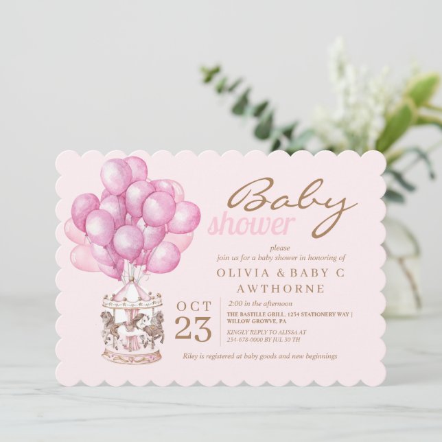 Elegant Baby Girl Shower Pink Balloon Invitation (Standing Front)
