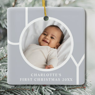 Elegant Baby Girl's First Christmas Photo Grey Ceramic Ornament