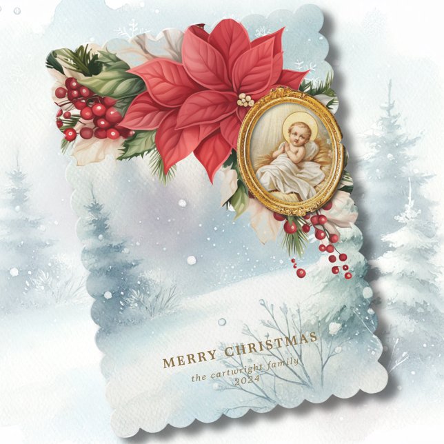 Elegant Baby Jesus Poinsettia Watercolor  Holiday Card (Creator Uploaded)