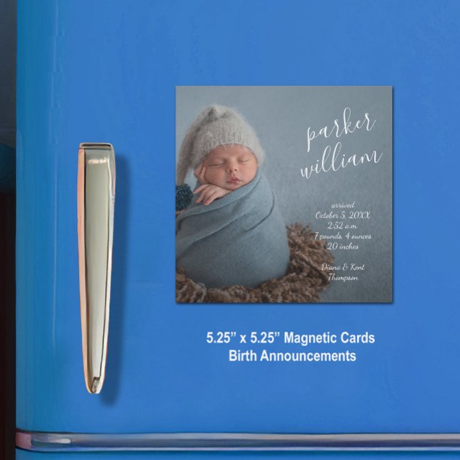 Elegant Baby Photo Magnetic Birth Announcement (5.25" x 5.25" square magnetic cards with a high-gloss finish)