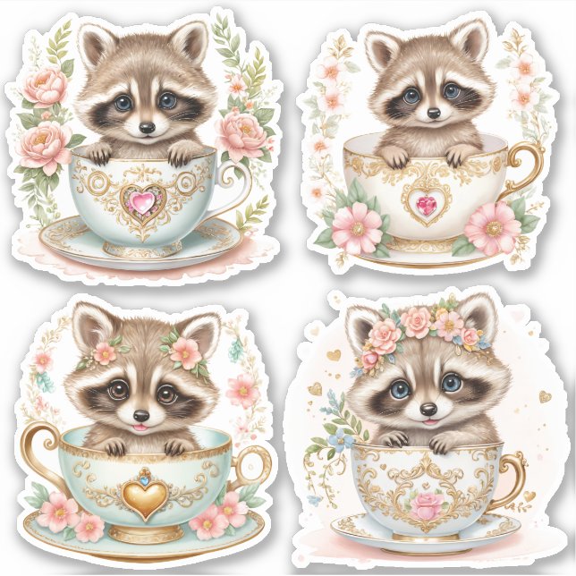 Elegant Baby Racoon in Teacup -  Floral Design (Front)