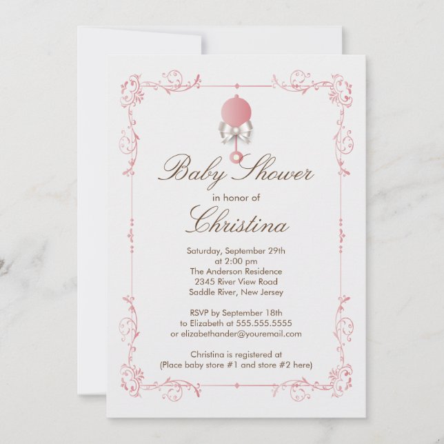 Elegant Baby Rattle Girl Baby Shower Invitation (Front)