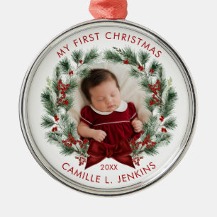 Elegant Baby’s First Christmas Personalised Metal Ornament
