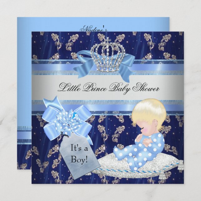 Elegant Baby Shower Blonde Boy Blue Little Prince Invitation (Front/Back)