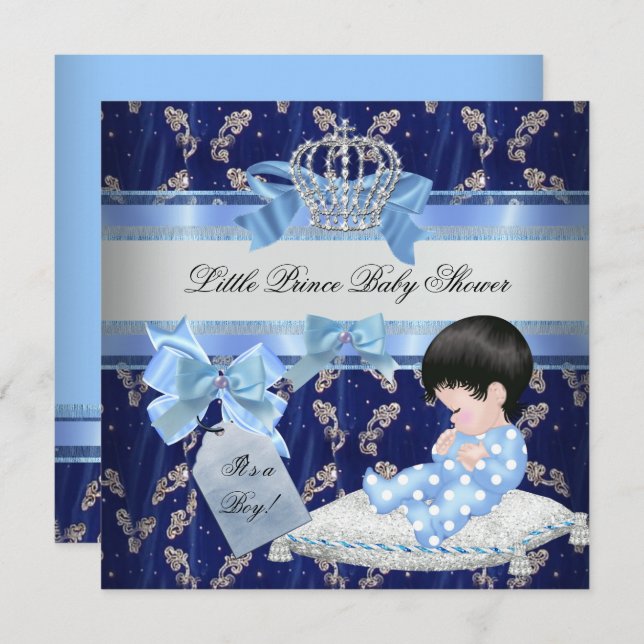 Elegant Baby Shower Boy Blue Little Prince Crown 2 Invitation (Front/Back)
