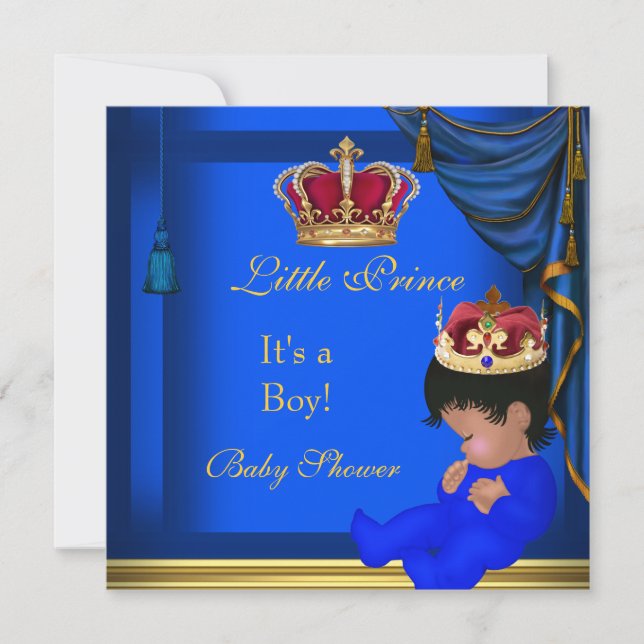 Elegant Baby Shower Boy Blue Little Prince Crown 5 Invitation (Front)