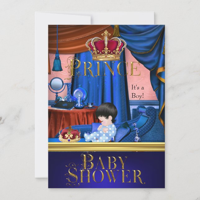Elegant Baby Shower Boy Blue Little Prince Crown Invitation (Front)