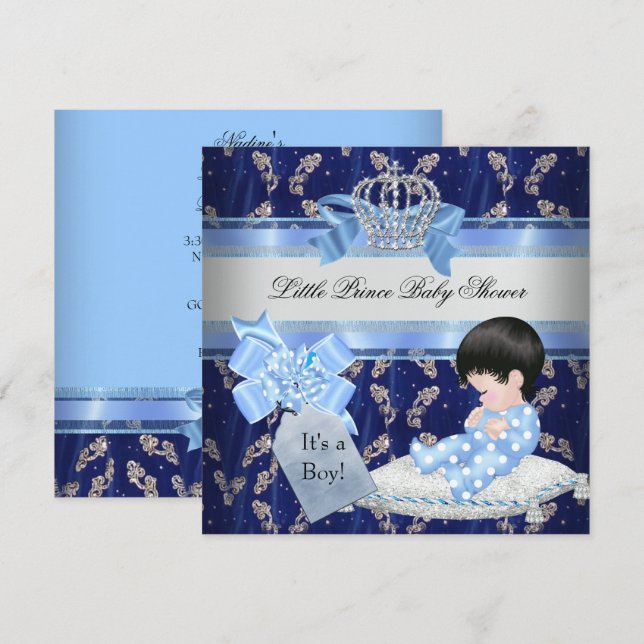 Elegant Baby Shower Boy Blue Little Prince Crown Invitation (Front/Back)