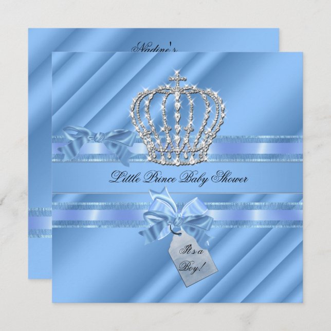 Elegant Baby Shower Boy Blue Little Prince Crown Invitation (Front/Back)