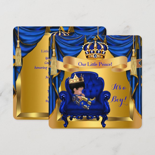 Elegant Baby Shower Boy Prince Royal Blue Gold Invitation (Front/Back)