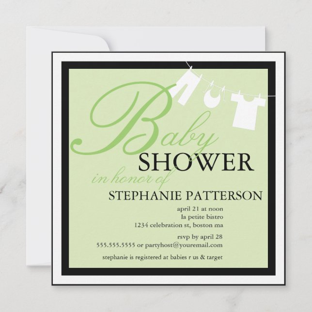 Elegant Baby Shower Clothes Line Green Invitation (Front)