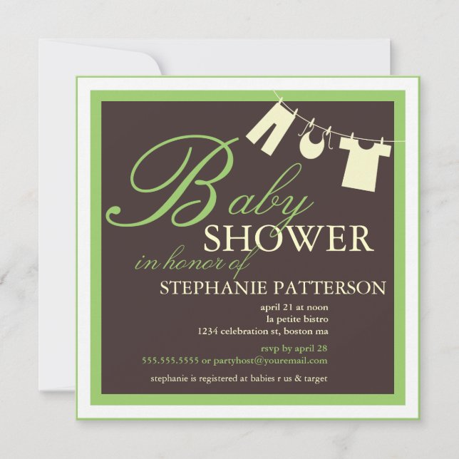 Elegant Baby Shower Clothes Line Green Invitation (Front)