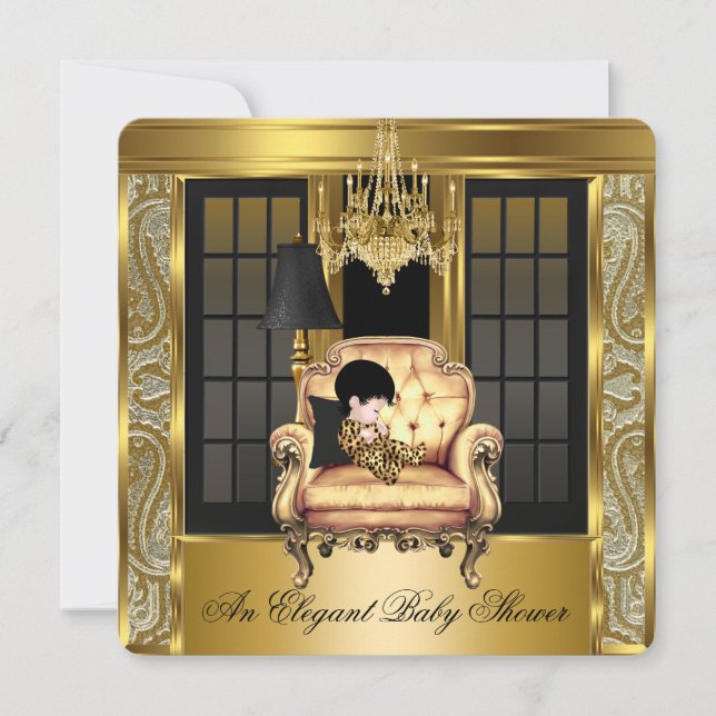 Elegant Baby Shower Damask Chandelier Gold Chair 2 Invitation (Front)