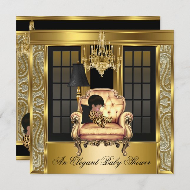 Elegant Baby Shower Damask Chandelier Gold Chair 3 Invitation (Front/Back)