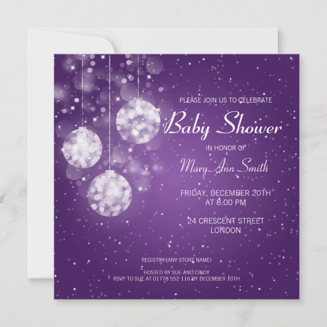 Elegant Baby Shower Festive Baubles Purple Invitation (Front)
