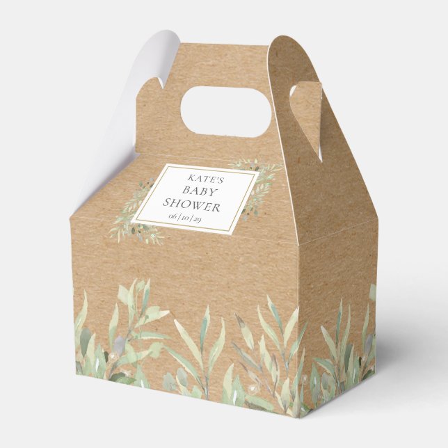 Elegant Baby Shower Greenery Leaves Rustic Kraft Favour Box (Front Side)