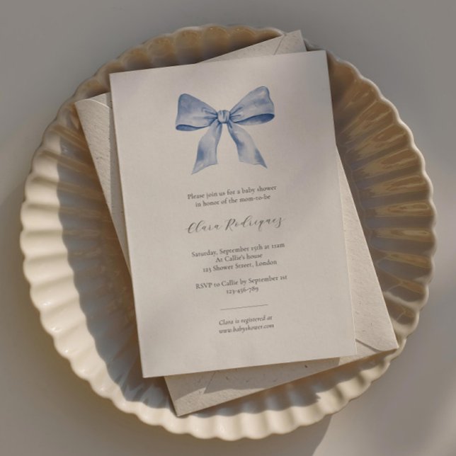 Elegant baby shower invitation with blue ribbon (Creator Uploaded)
