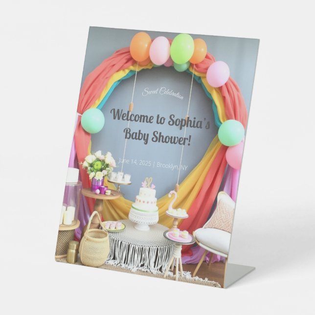 Elegant Baby Shower Pedestal Sign | Floral & Gold  (Front)