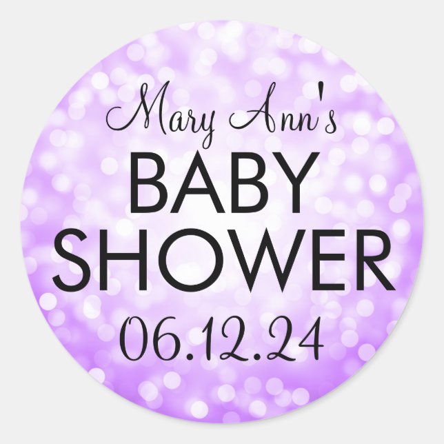 Elegant Baby Shower Purple Glitter Lights Classic Round Sticker (Front)