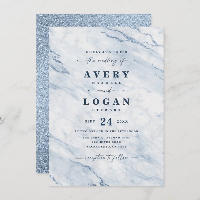 Elegant Baby Sky Blue Marble & Glitter Wedding Invitation (Front/Back)