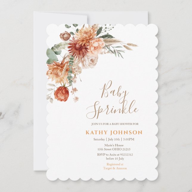 Elegant Baby Sprinkle Terracota Floral Baby Shower Invitation (Front)