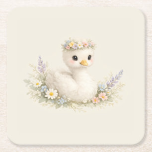 Elegant Baby Swan Wildflower Watercolor Stationery Square Paper Coaster
