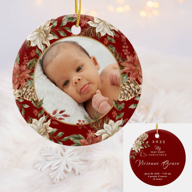 Elegant Baby's First Christmas Birth Stats Photo Ceramic Ornament (Creator Uploaded)