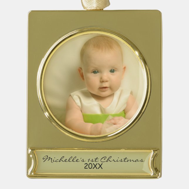 Elegant Baby's First Christmas Gold Plated Banner Ornament (Front)