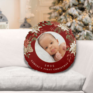 Elegant Baby's First Christmas Photo Round Cushion