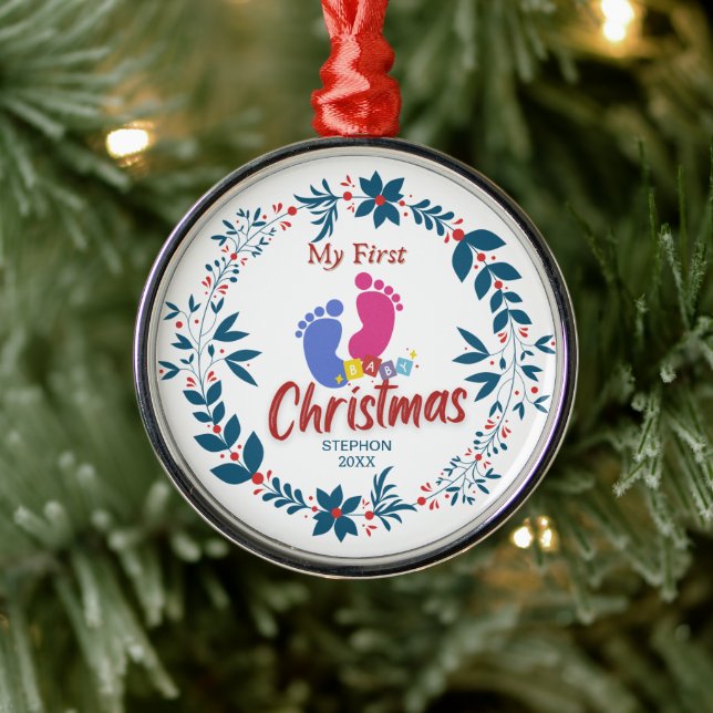Elegant Baby's First Christmas with Name Metal Ornament (Tree)
