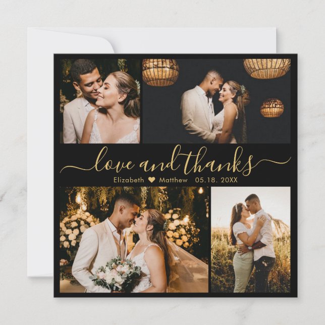 Elegant Back Gold Script Photo Collage Wedding  Thank You Card (Front)