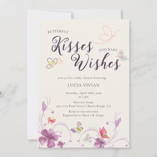 Elegant Baho Butterfly Kisses & Wishes Baby Shower Invitation (Front)