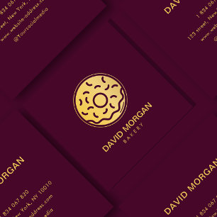 Elegant Bakery Burgundy & Gold Doughnut Logo Square Business Card