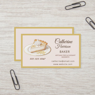 Elegant Bakery with Pie Slice & Gold Flourish Business Card