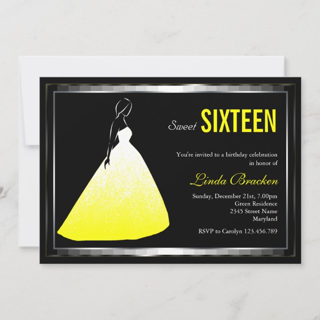 Elegant Ball Gown Yellow Sweet Sixteen Invite (Front)