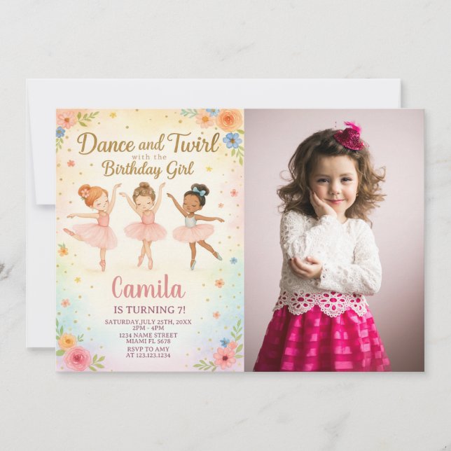 Elegant Ballerina Birthday Invitation with photo (Front)