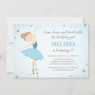 Elegant Ballerina Blue Silver Star   Girl Birthday Invitation