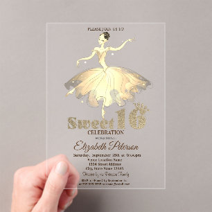 Elegant Ballerina Gold Glitter Bokeh Sweet 16 Acrylic Invitations