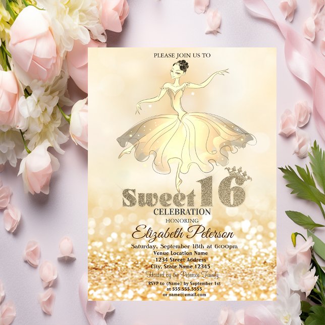 Elegant Ballerina Gold Glitter Bokeh Sweet 16 Invitation (Creator Uploaded)