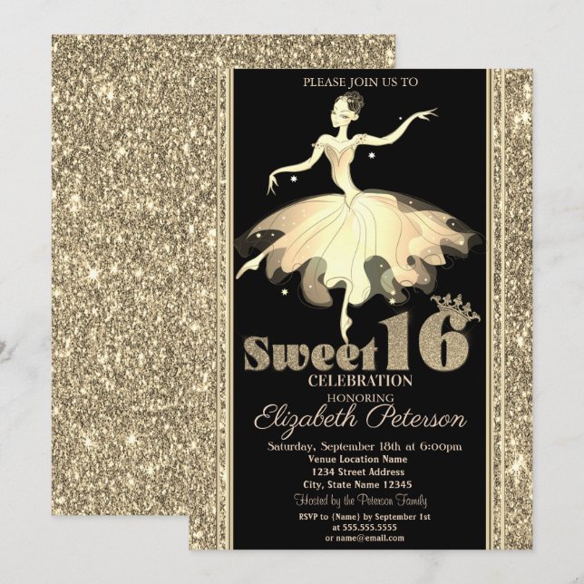 Elegant Ballerina Gold Glitter Sweet 16 Invitation (Front/Back)