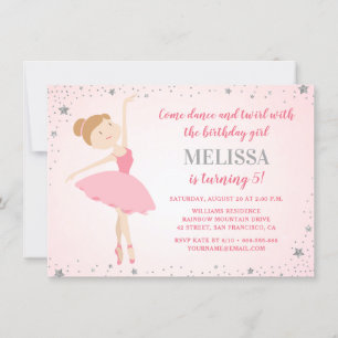 Elegant Ballerina Pink Silver Stars Girl Birthday Invitation