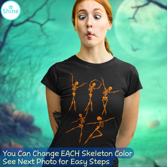 Elegant ballet dancing skeleton orange Halloween T-Shirt (You may change the color on each of the 5 skeletons to other colors. See next photo for easy steps.)